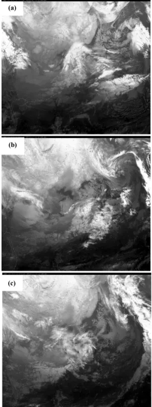 Fig. 3. Synoptic surface pressure weather charts at (a) 1200 UTC 7 Feb, (b) 0000 UTC 10 Feb, (c) 0000 UTC 13 Feb 2014.