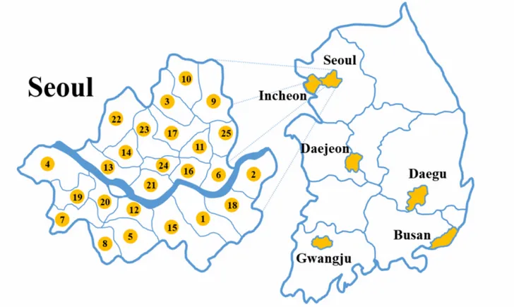 Figure 1.  Geographic regions in South Korea associated with online health communities.