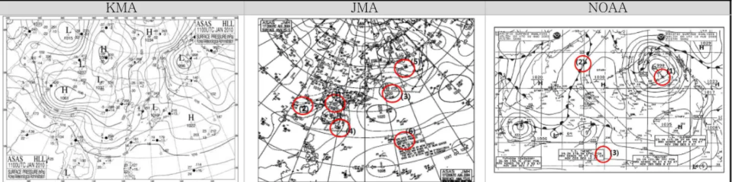 Fig. 4. Surface Analysis of KMA. JMA &amp; NOAA. The circles denote weather informations which are not shown on KMA map, but useful to safe navigation.