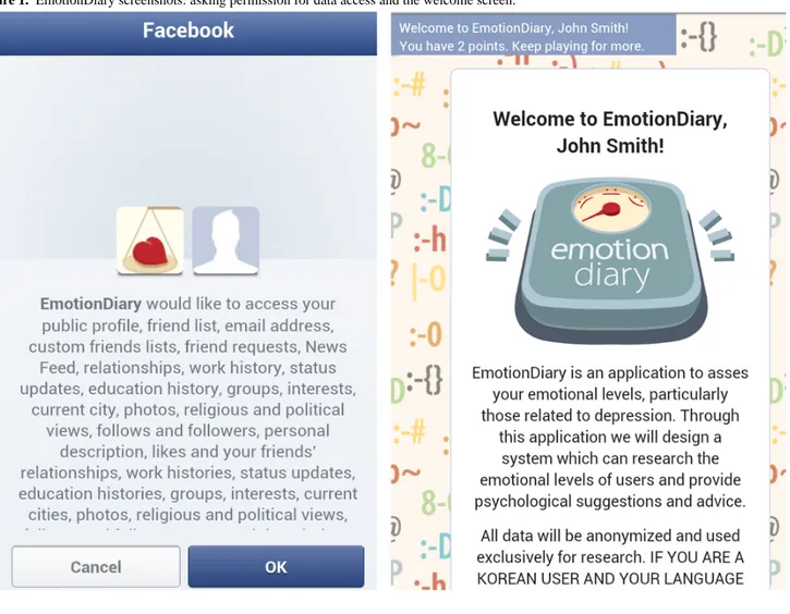 Figure 1.  EmotionDiary screenshots: asking permission for data access and the welcome screen.