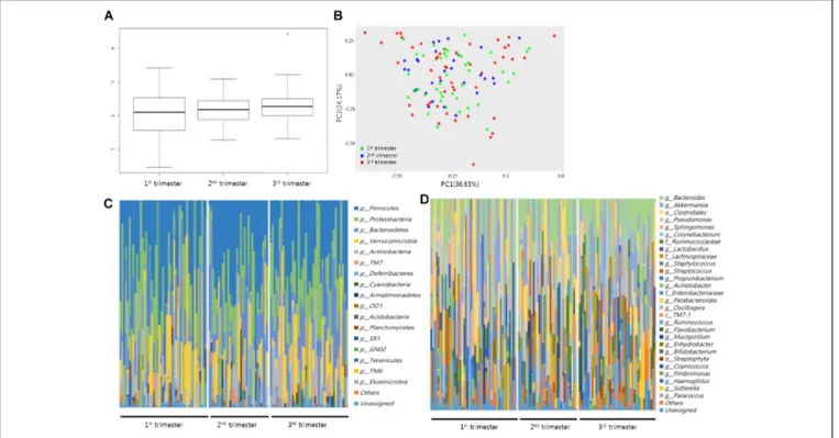 FIGURE 1 | Microbial diversity and profiling during healthy pregnancy by 16S rRNA gene sequencing