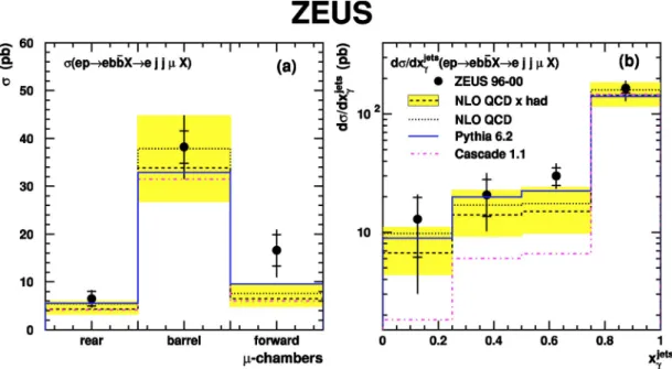 Figure 4 共b兲 and Table II show the differential cross- cross-section d ␴ /dx ␥ jets for muons in the range defined by Eq