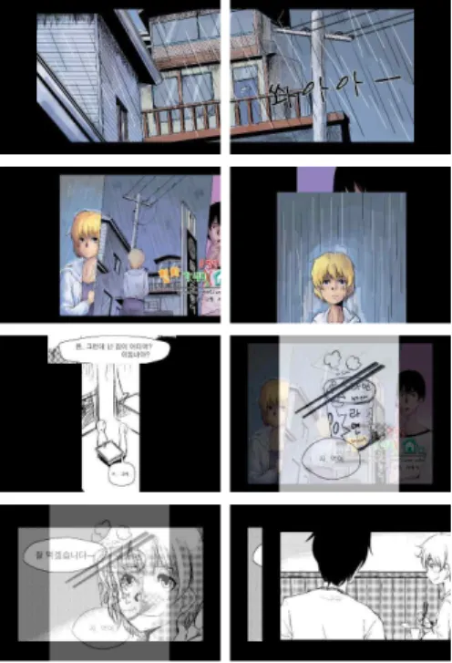 그림 11. 화면전환 효과의 예 출처: 서진석, <천사가 내려 올 뻔한 집> 2.  제안된  저작도구의  효과 일본의 다쓰미 요시히로는 만화 칸의 배치와 독자가 각각의 칸을 보는 시간에 주목해서 의식적 으로 독자의 시선을 유도하는 방법을 생각해 냈다