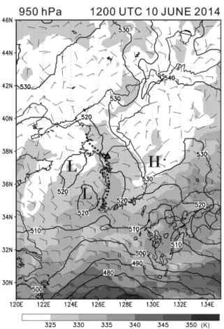 Fig. 3. Mesoscale analysis of geopotential height (gpm, solid), equivalent potential temperature (K, shaded) at 950 hPa at 1200 UTC 10 June 2015