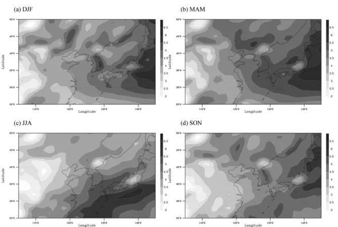 Fig. 3. The same as Fig. 2 except for standard deviation of daily mean wind speed (m s −1 ).