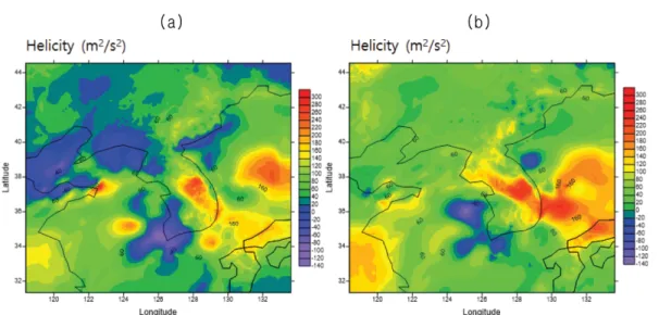 Fig. 13. The distribution of storm relative helicity at (a) 0800 LST and (b) 0900 LST on 27 July 2011.