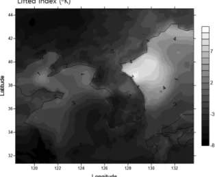 Fig. 8. The distribution of the lifted index (LI) at 0800 LST on 27 July 2011.