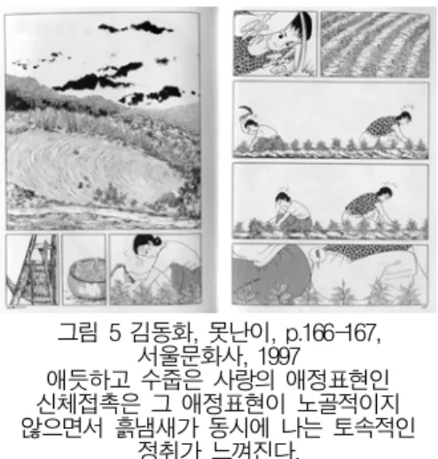그림  5  김동화,  못난이,  p.166-167,  서울문화사,  1997 애듯하고  수줍은  사랑의  애정표현인  신체접촉은  그  애정표현이  노골적이지  않으면서  흙냄새가  동시에  나는  토속적인  정취가  느껴진다