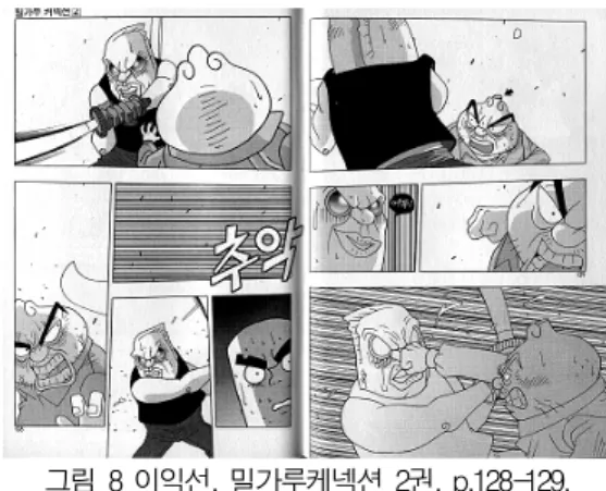 그림  8  이익선,  밀가루케넥션  2권,  p.128-129,  대원씨아이,  2000 3)  성애와  환희 애틋함과  비슷하지만  성애  표현에서  두드러진  ‘글 없는 만화’의 활용이 눈에 띤다