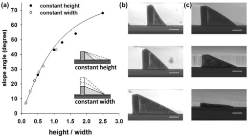 Fig. 3. The slope angles of asymmetric microstructures with a linear profile. (a) Change in the  slope angles from 7 to 68 degrees depending on a ratio of the height of thermoset to the width  of thermoplastic microstructures