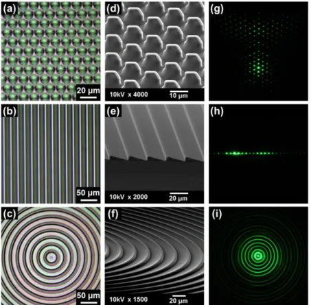 Fig.  4.  (a-c)  Optical  and  (d-f)  SEM  images  of  diverse  surface  relief  optical  microstructures  with asymmetric profiles and (g-i) their light distributions at 532nm wavelength