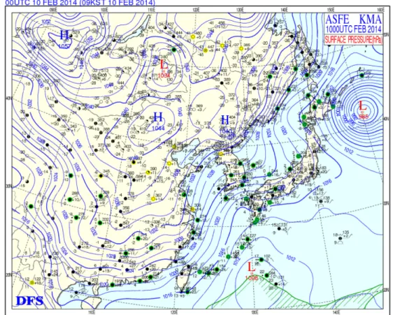 Fig. 4. Surface weather chart 0900 KST 10 February 2014.