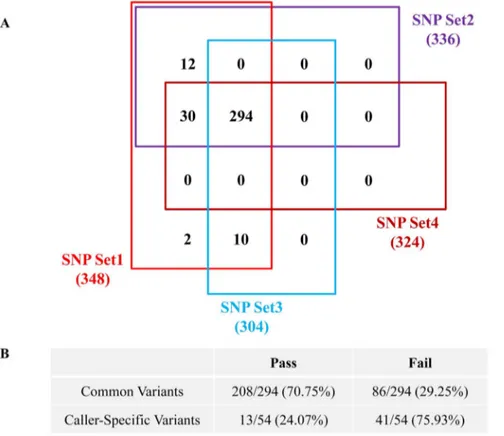 Figure 3. Diagram and validation rate of common variants. (A) The diagram of common variants among the four types of SNP sets