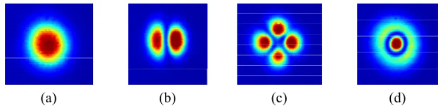 Fig. 2. Output mode intensity profiles of the mode multiplexer when signal power was  launched to each input port of (a) LP 01  mode (b) LP 11  mode (c) LP 21  mode (d) LP 02  mode