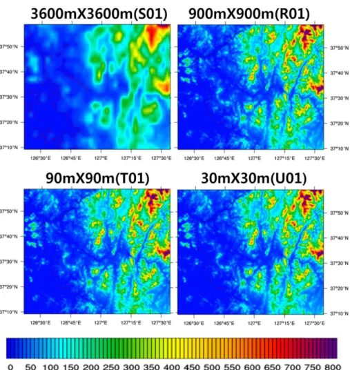 Fig. 4. Surface height (m) of WRF model domain. Each surface height is made from four different resolutions with S01, R01, T01 and U01, respectively.