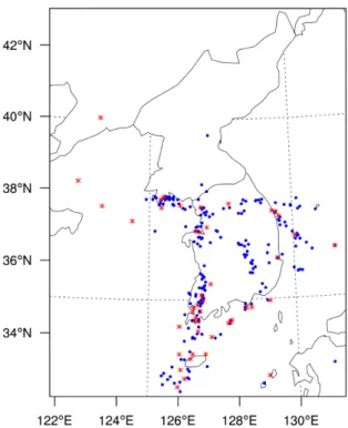 Fig. 1. Horizontal distribution of light (LGT) and moderate- moderate-or-greater (MOG) levels of turbulence observed from pilot reports (PIREPs) over the region of Local Data Assimilation and Prediction System (LDAPS) (32.26 o N, 121.83 o E~