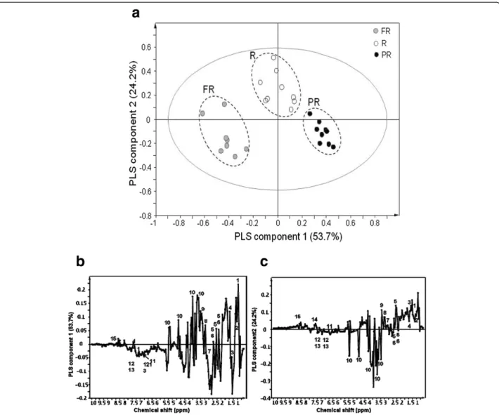 Figure 2 PLS-DA-derived score plot (a) and loading plot (PLS component 1: b and PLS component 2: c) of P