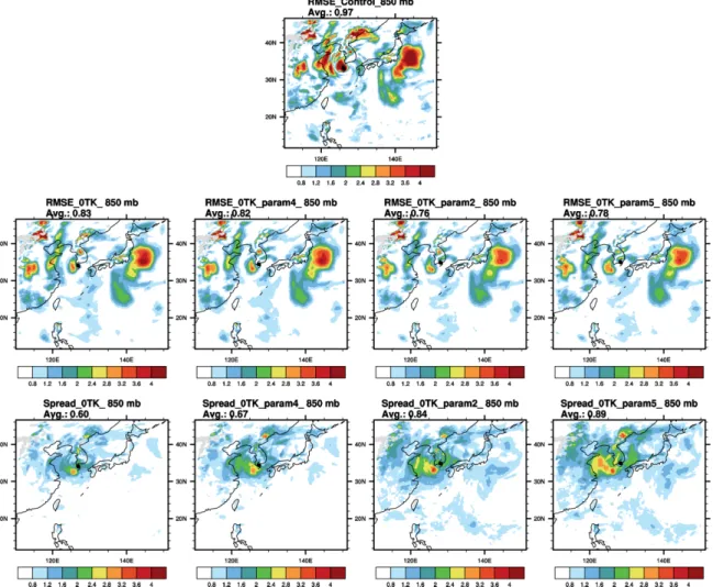 Fig. 12. Spatial distribution of 96-hr 850 hPa temperature (K) of SKEBS sensitivity test for backscatter ratio
