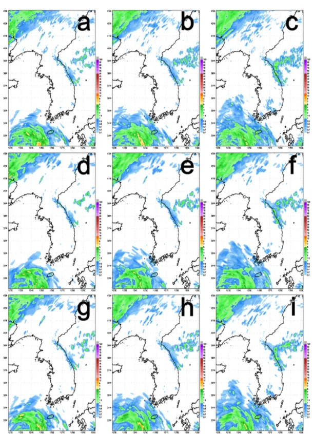 Fig. 9. Ensemble mean of 1 hr accumulated precipitation forecasts for each member and resolution at 0000 UTC 2 Aug
