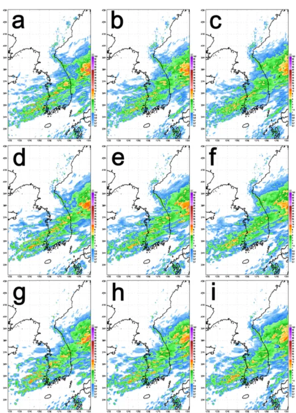 Fig. 12. Ensemble mean of 1 hr accumulated precipitation forecasts for each member and resolution at 0000 UTC 13 Aug.