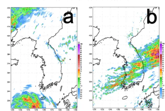 Fig. 14. PM mean of 1 hr accumulated precipitation forecast at (a) 0000 UTC 2 and (b) 0000 UTC 13 Aug