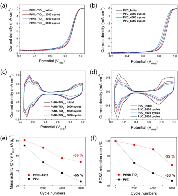 Figure 3.  ORR polarization curves and CVs measured during the AST: (a), (c) Pt/Nb-TiO 2  nanofiber catalyst  and (b), (d) Pt/C catalyst