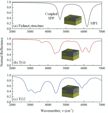 Figure 2 compares the normal reflectance spectra of the fishnet structure, TG1, and TG2