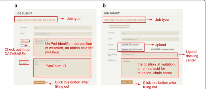Fig. 3  Job submission page. a In Curated Kinase Docking, the UniProt ID, residue position, and mutant amino acid should be specified in Kinase  and Mutational Substitutions