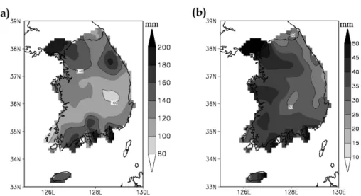Fig. 16. Distribution of 38-years long, from 1973 to 2010, average of annual maximum  of a) daily precipitation and b) hourly precipitation produced from ASOS observations in Korea.