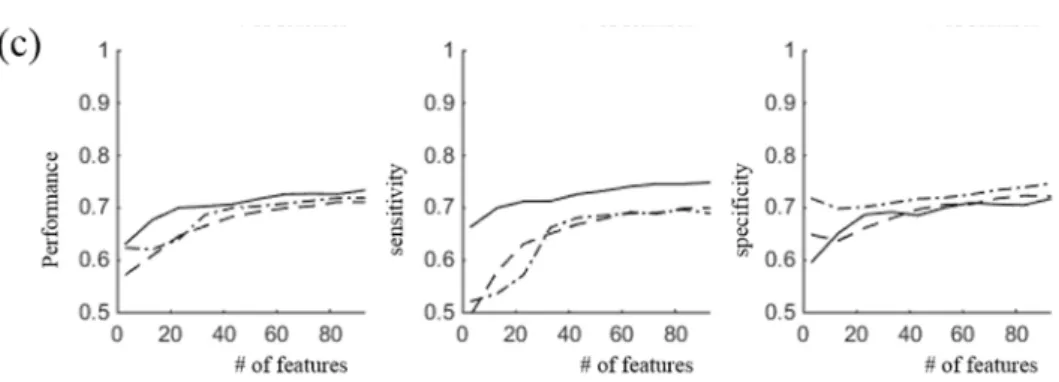 Figure 4. Diagnostic performance of LDA. (a) Diagnostic accuracy when using RWE values; (b) Diagnostic accuracy when using WC values; (c) Diagnostic accuracy when using WC values while limiting the number of features to 95