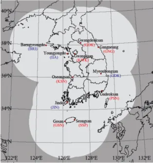 Fig. 1. Weather radar network operated by Korea Meteorological Administration (KMA) and its coverage (light gray)