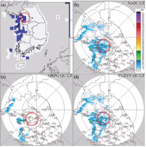 Fig. 7. (a) AWS Rain exist image on 1 Jan. 2013, CZ PPI images (b) NoQC, (c) ORPG QC, and (d) fuzzy QC CZ at 0630 KST 1 Jan