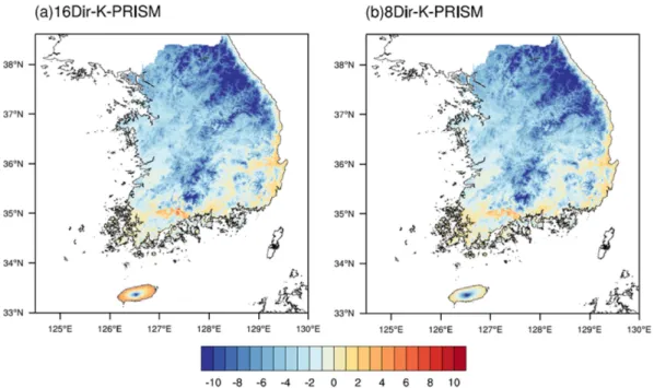 Table 2. Skill scores of daily mean temperature in January derived from 16Dir-K-PRISM and 8Dir-K-PRISM for 10 years from 2003 to 2012 (Skill scores are calculated at each AWS site over South Korea and averaged).