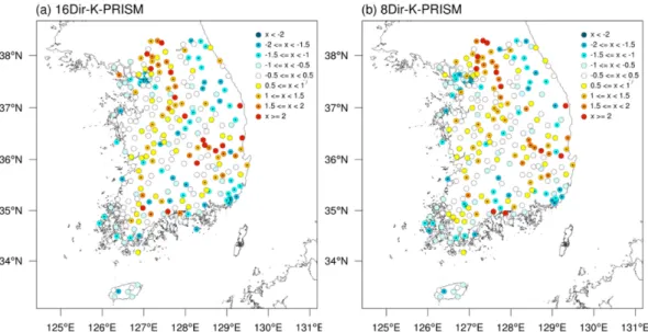 Fig. 11. Spatial distribution of daily mean temperature biases in January 2012 derived from 16Dir-K-PRISM (left) and 8Dir-K- 8Dir-K-PRISM (right) (Biases are calculated at 352 AWS sites over South Korea).
