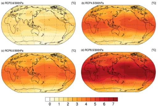 Fig. 5. Change in 300 hPa temperature for (a) RCP2.6, (b) RCP4.5, (c) RCP6.0, (d) RCP8.5