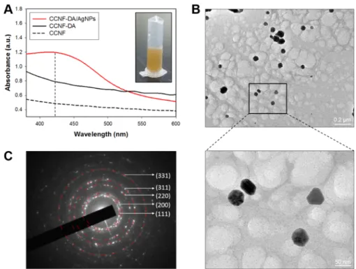 Figure 3. (A) UV–Vis spectroscopy of supernatant from CCNF, CCNF-DA and CCNF films. The insect  in (A) shows the supernatant from the CCNF-DA/AgNPs film; (B) high-resolution transmission  electron microscopy (HRTEM) image of extracted AgNPs