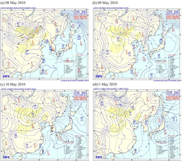 Fig. 3. Surface synoptic charts at 2100 LST from 8 to 11 May 2010.