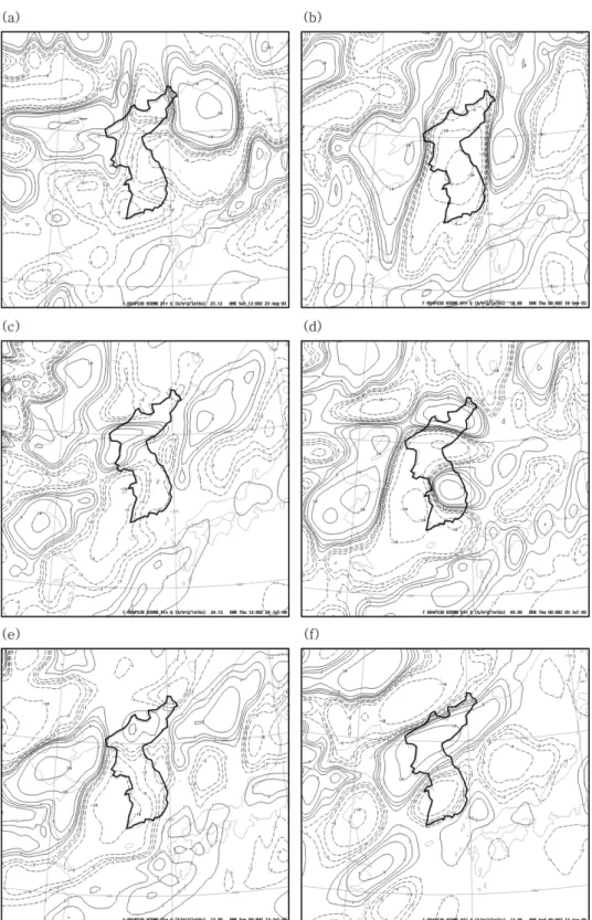 Fig. 4. Distribution of Q-vector divergence (km −2  s −1 × 10 −16 ) at 850 hPa from the 00 hr forecast of RDAPS30 at (a) 1200 UTC 23 Aug