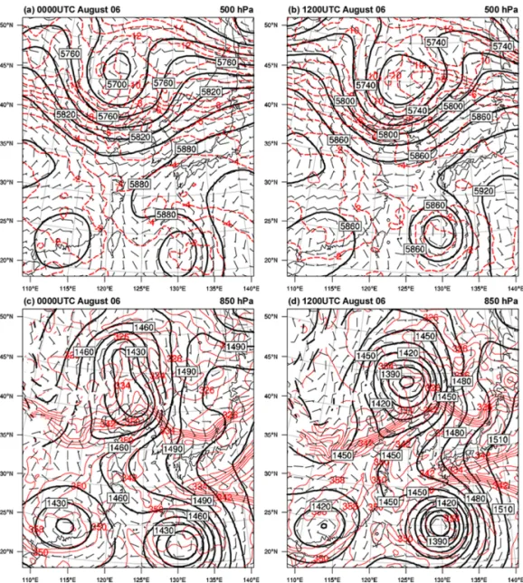 Fig. 3. (a) and (b) show geopotential height (gpm, thick solid), temperature ( o C, dashed), and wind vectors (m s −1 ) for the 500 hPa model output (control run) at 0000 UTC and 1200 UTC 06 August 2003, respectively