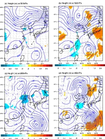 Fig. 8.  Sensitivity of the response function (mm, shaded) with respect to equivalent potential temperature at  −12 h for area 1 (left-hand side column) and area 2 (right-hand side column)