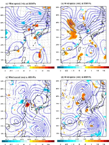 Fig. 10.  Sensitivity of the response function (mm, shaded) with respect to wind speed at  −12 h for area 1 (left-hand side column) and area 2 (right-hand side column)