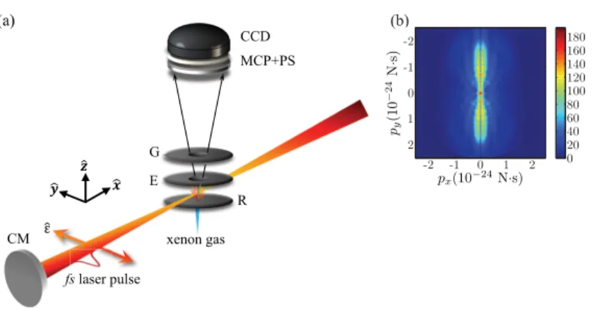 Fig. 1. (a) Schematics of the experimental setup. CM: concave mirror (f=60 cm); ˆε: laser polarization; G: ground plate; E: extractor electrode; R: Repeller electrode; MCP+PS: dual microchannel plates assembled with a phosphor screen; CCD: charge-coupled d
