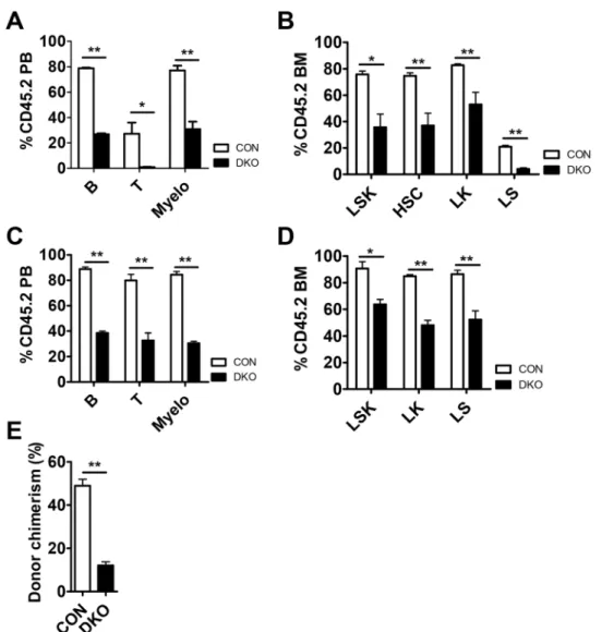 Figure 4.  MST1/2 play important roles in HSC engraftment. (A–D) pIpC was injected to induce Mx1-Cre 