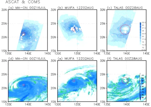 Table 1. Radius of minimum cloud top temperature (R Top ), eye size (R Eye ), estimated RMW by COMS, and  RMW (RMWASCAT) of MetOp/ASCAT at 0 UTC 16 July 2011, 12 UTC 2 August 2011, and 0 UTC August 2011