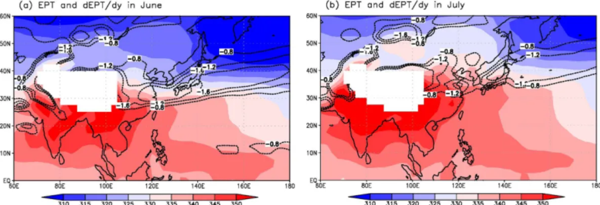 Fig. 2. Climatological mean 850 hPa equivalent potential temperature (color, K) and meridional gradient of equivalent potential temperature (dashed line, K m −1 × 10 5 ) on (a) June and (b) July.