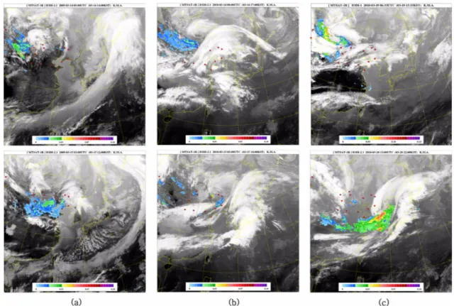 Fig. 4. MTSAT-1R IODI images during three Asian dust events; (a) case 1 (1400LST March 14, 2009 in the left and 1200KST March 15, 2009 in the right), (b) case 2 (1700KST March 14, 2010 in the left and 1400KST March 15, 2010 in the right), (c) case 3 (1533K