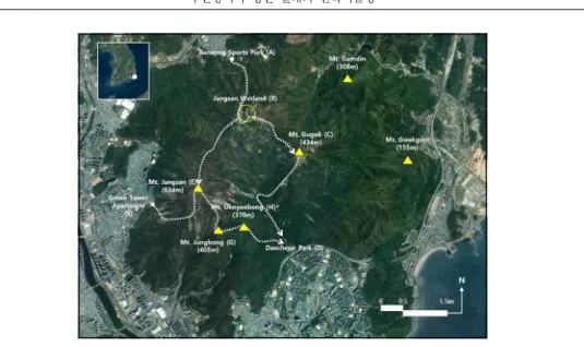 Figure 1. The survey routes of this study (434m), 감딘산(308m), 서쪽은 수영강, 주거지역, 남쪽은 해운대 시가지와 해수욕장, 북쪽은 운봉산 (454m), 개좌산(449m) 및 아파트단지가 있다