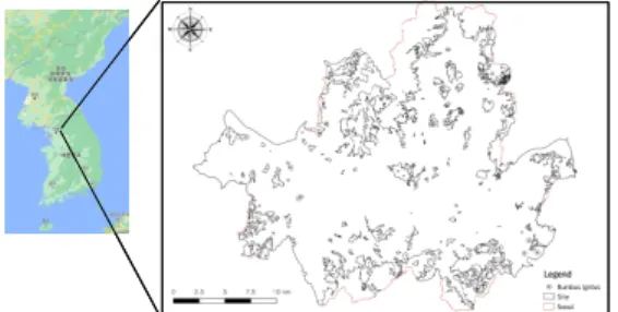 Figure 1. Study Area (Seoul City) 시생태계의 전체적인 수분 서비스 향상에 이바지하고자 한다.II. 재료와 방법본 연구는 양봉꿀벌을 대상으로 한 이전 연구와의 비교를 위해 동일한 방법론을 이용하여 호박벌이 선호하는 수분 잠재환경을 예측하였다(Kim et al, 2020)