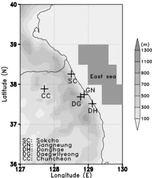 Fig. 1. The study domain and analysis sites with topography in the Yeongdong region. Squared gray boxes are the region for the analysis representative for East sea.