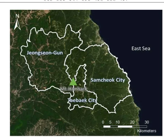 Figure 2. HSI evaluation target site 및 HSI 모델을 개발하였고, ArcGIS 10.7을 이용 해 SI 모델별 공간분석에 필요한 분석 자료를 구축하였다(Table 1)